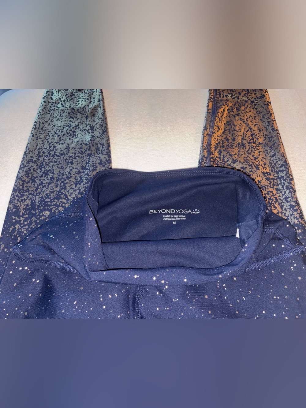 Women's Gold Ombré and Splatter Beyond Yoga Leggings - Blue & Gold - SZ M - Picture 2 of 5